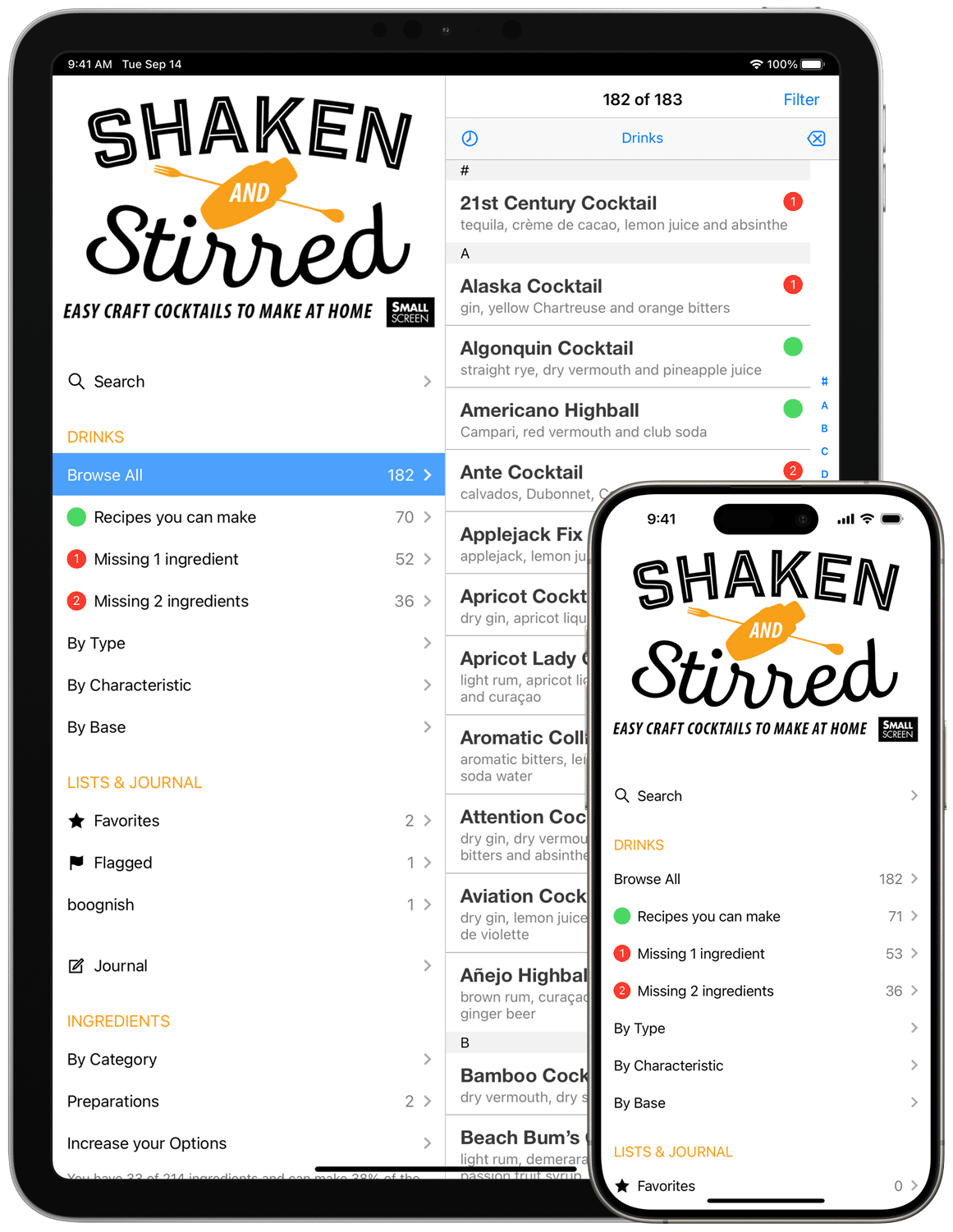 Shaken & Stirred’s main screen running on an iPad and iPhone